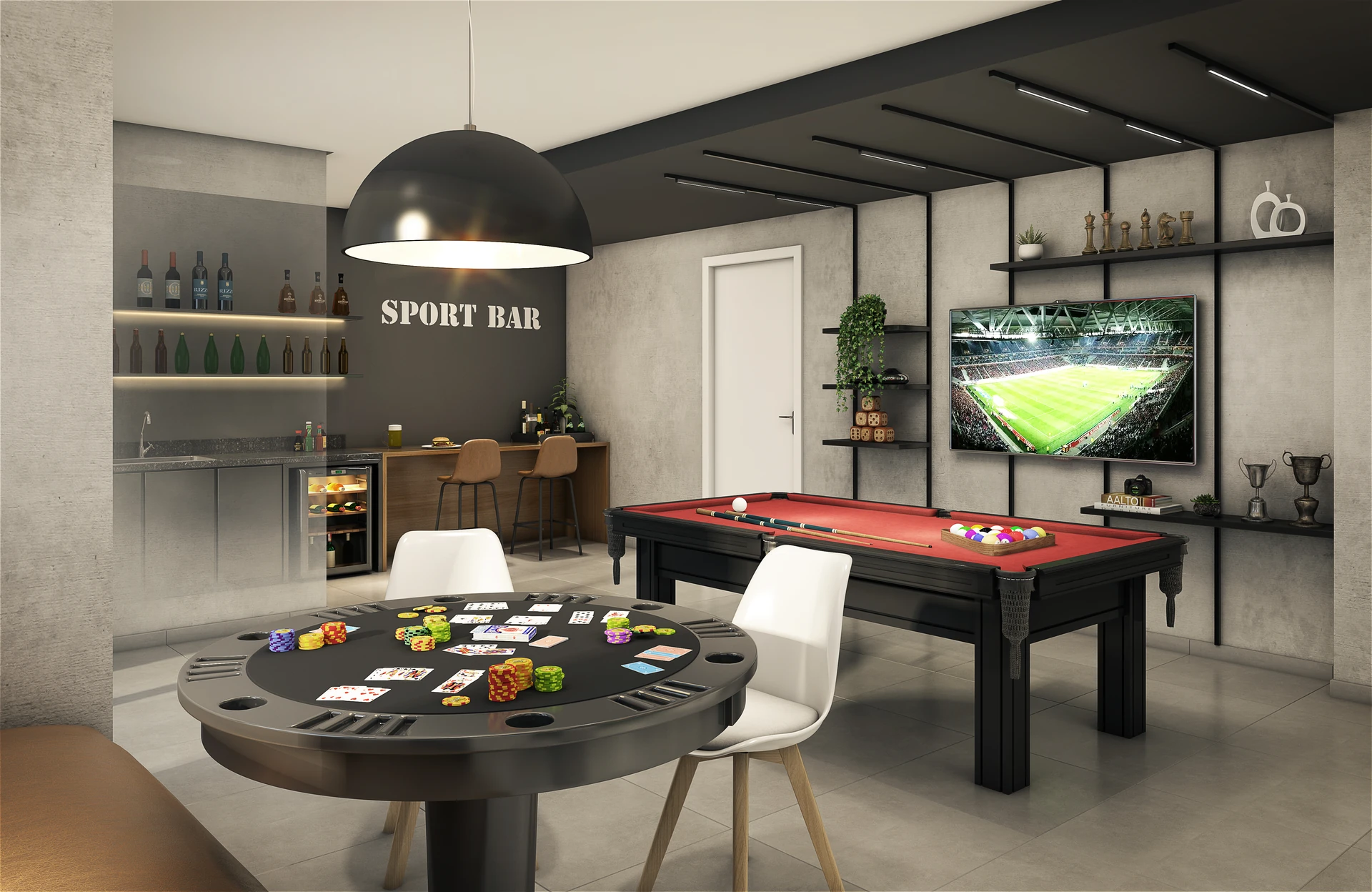 Perspectiva ilustrativa do sport bar com sinuca e cozinha — Go Lapa