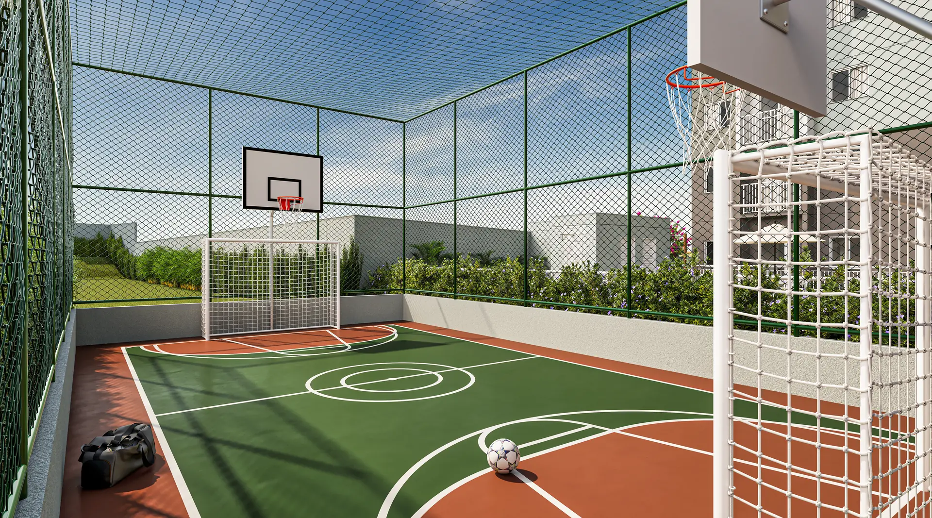 Perspectiva ilustrativa da quadra recreativa com trave e tabela — Beat Jardim Botânico