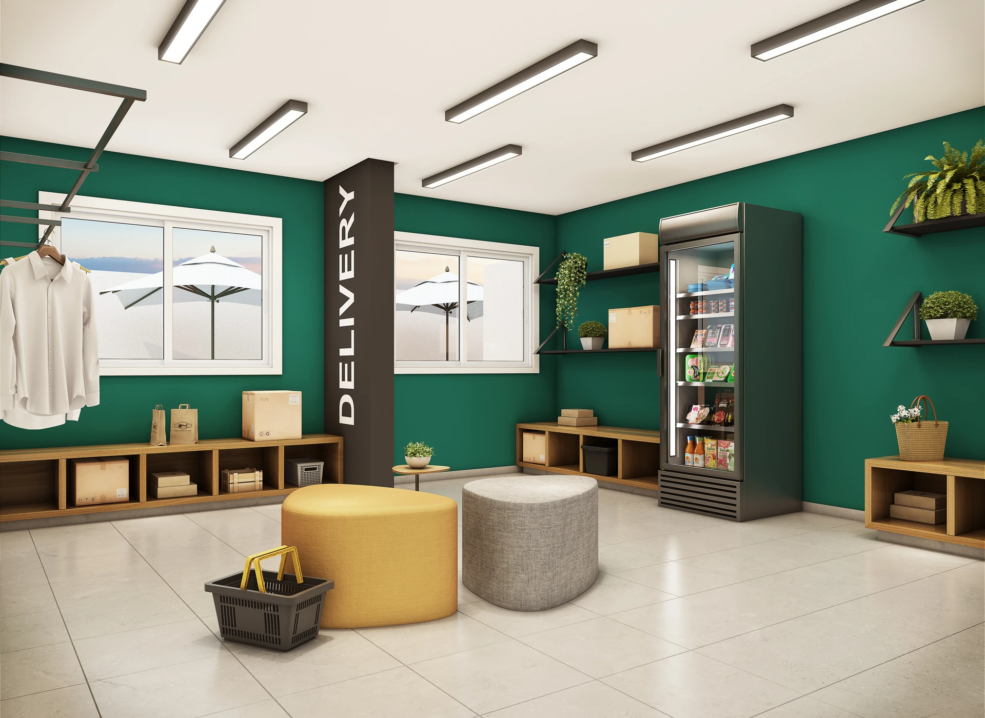 Perspectiva ilustrativa: espaço delivery com prateleiras, geladeira expositora e puffes — Épic Jaguaré