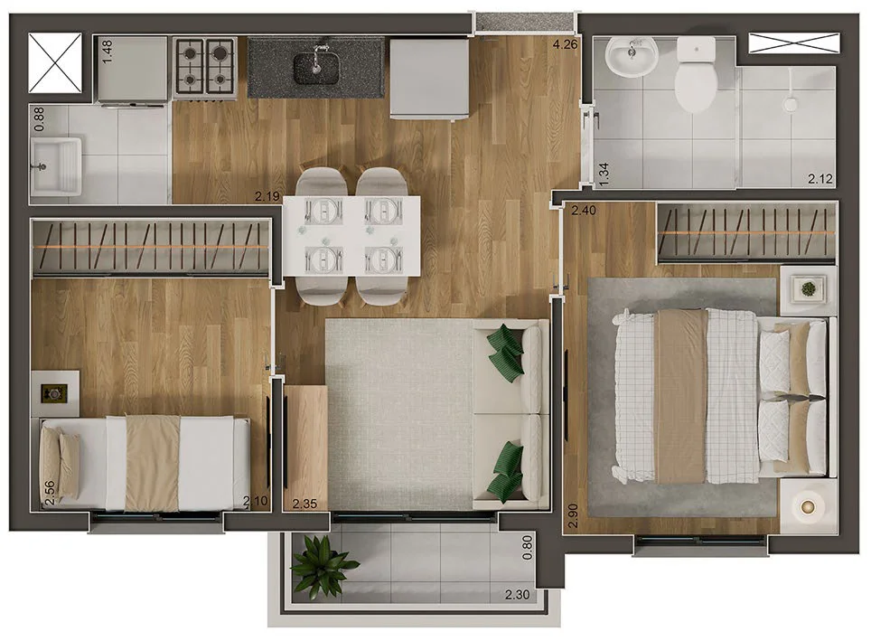 Planta ilustrada do apartamento de 34 metros quadrados com 2 dormitórios e terraço