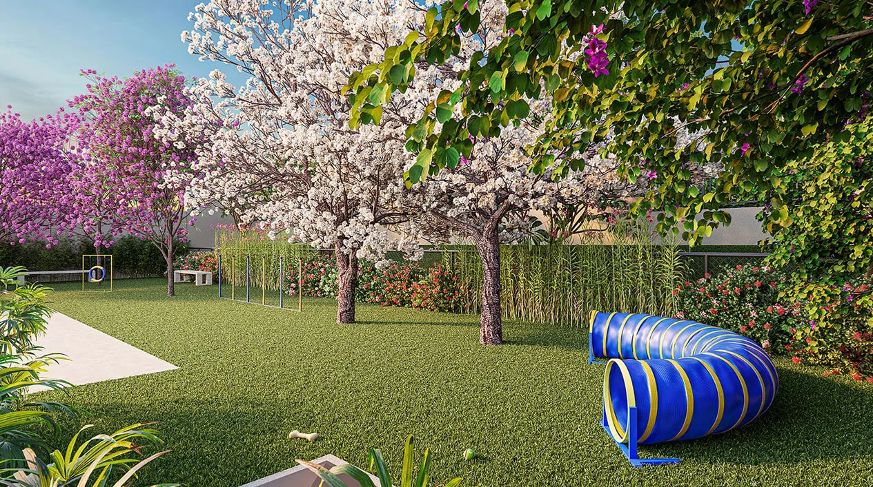 Perspectiva ilustrativa da área externa com jardim e pet place