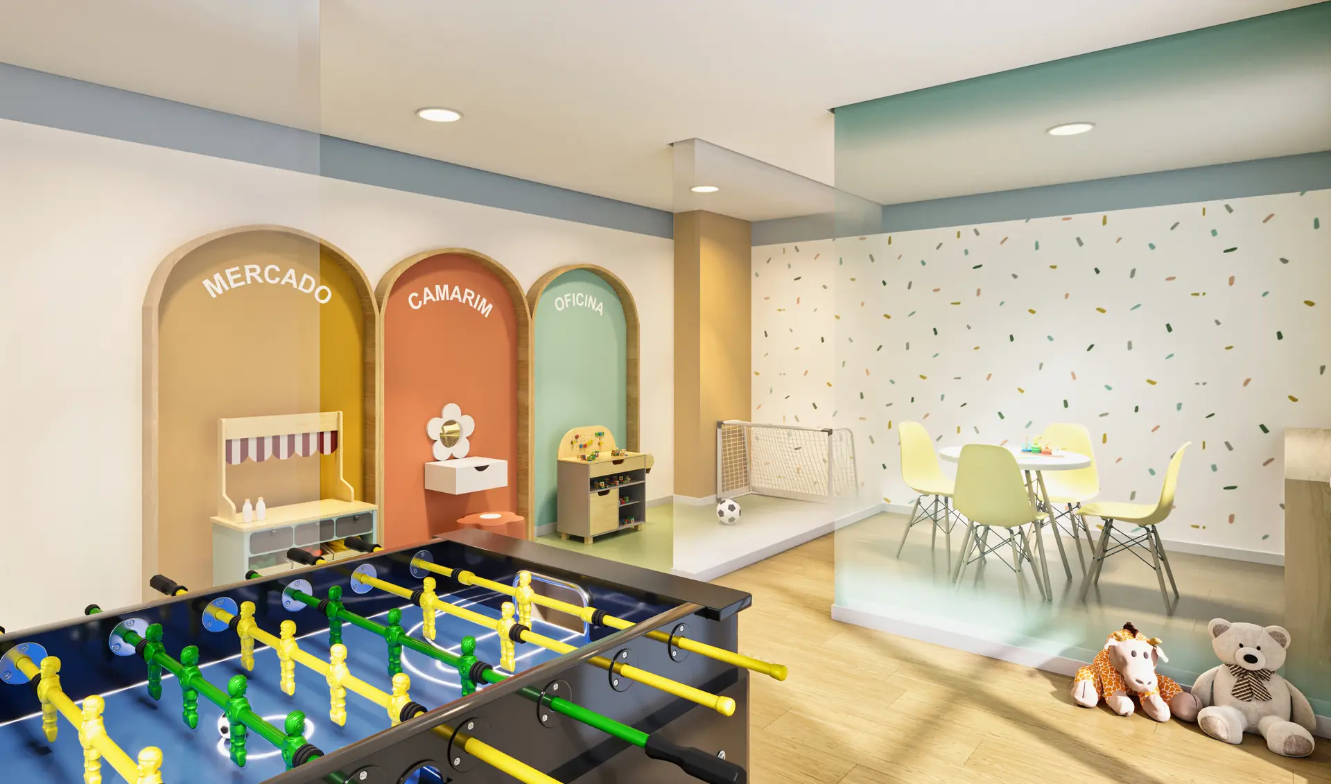 Perspectiva ilustrativa do espaço kids com mercado, camarim e oficina — Beat Jardim Botânico
