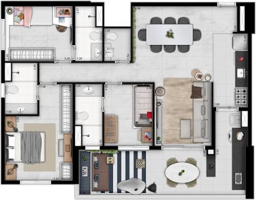 Planta do apartamento de 170 m² com três suítes, living, jantar, cozinha e terraço — Tatuapé