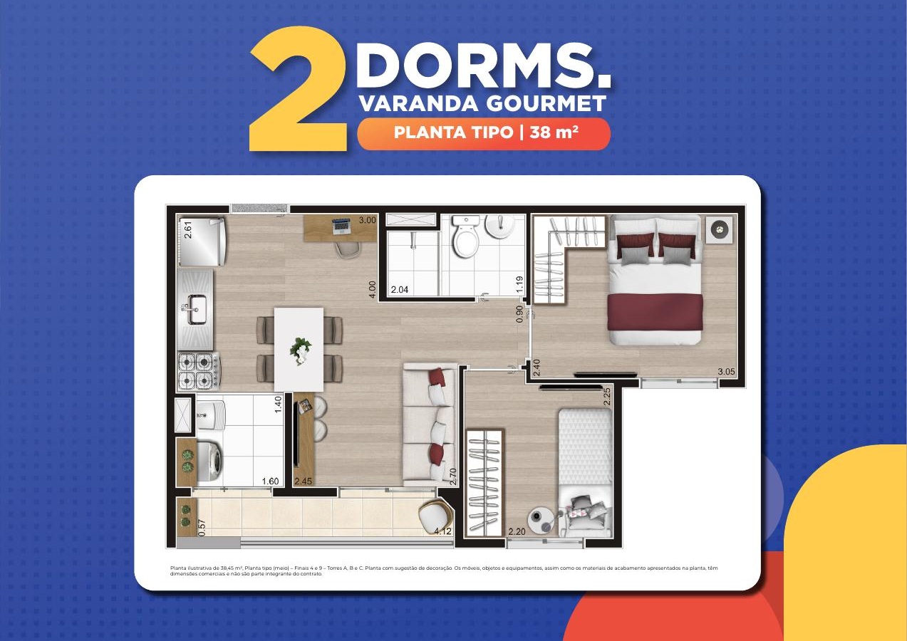 Planta tipo · 38 m² · 2 dormitórios — Topic Jaguaré, extraída do book oficial
