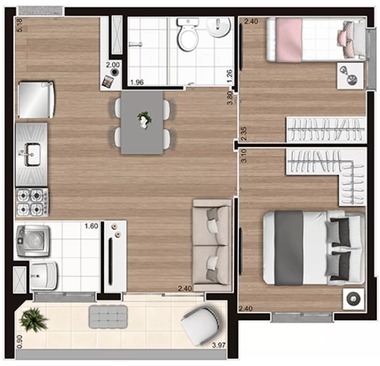 Planta ilustrada do apartamento de 42 metros quadrados com 2 dormitórios e terraço