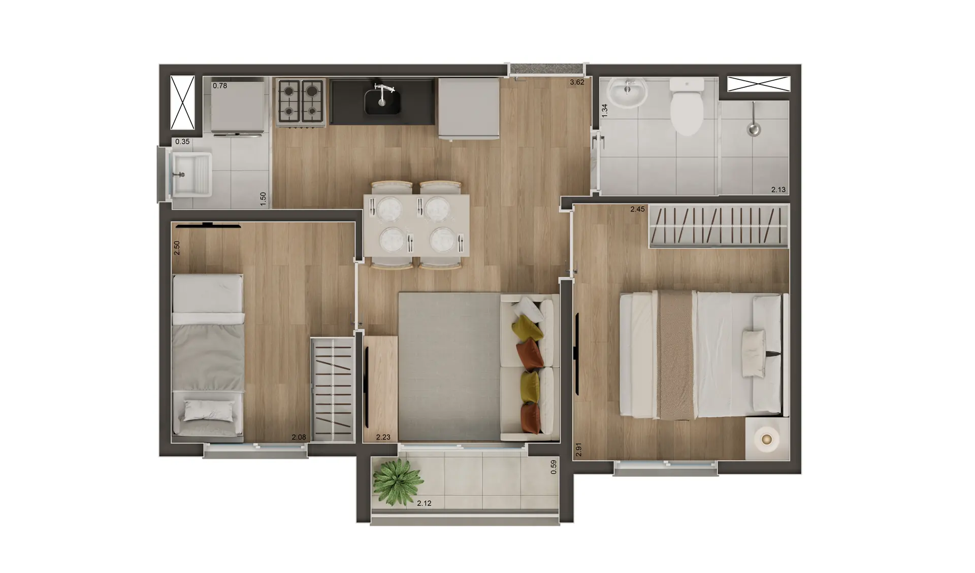 Planta humanizada tipo A de 33 e 34 m² com 2 dormitórios e terraço — Beat Jardim Botânico