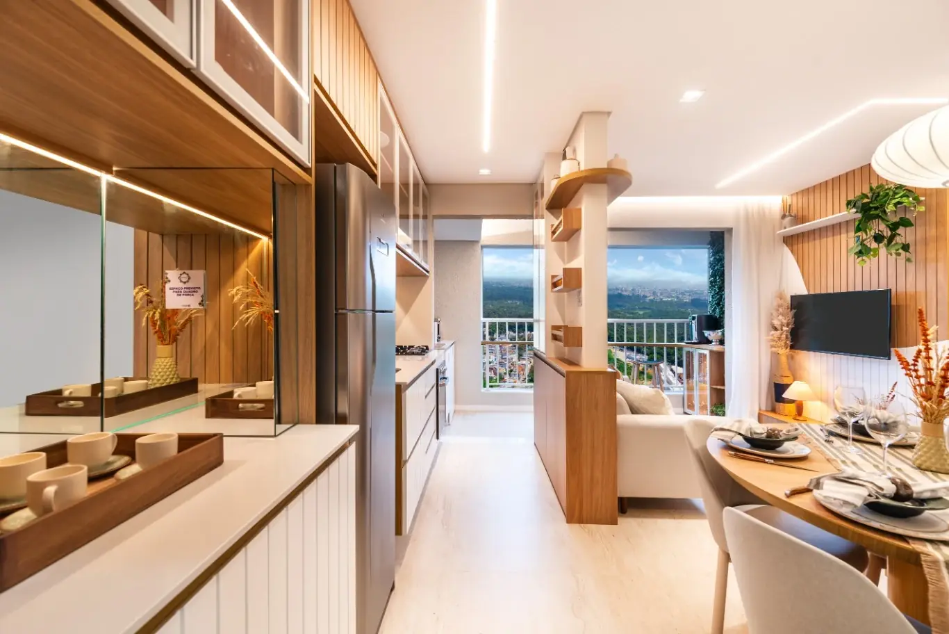 Ambiente decorado com cozinha integrada ao corredor e sala de jantar — Manacá – Alto do Jardim
