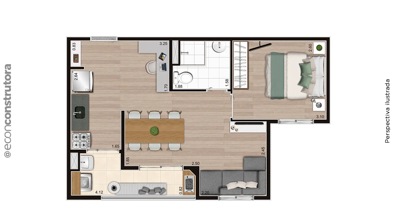 Planta humanizada tipo B ampliada de 41 m² — Manacá – Alto do Jardim