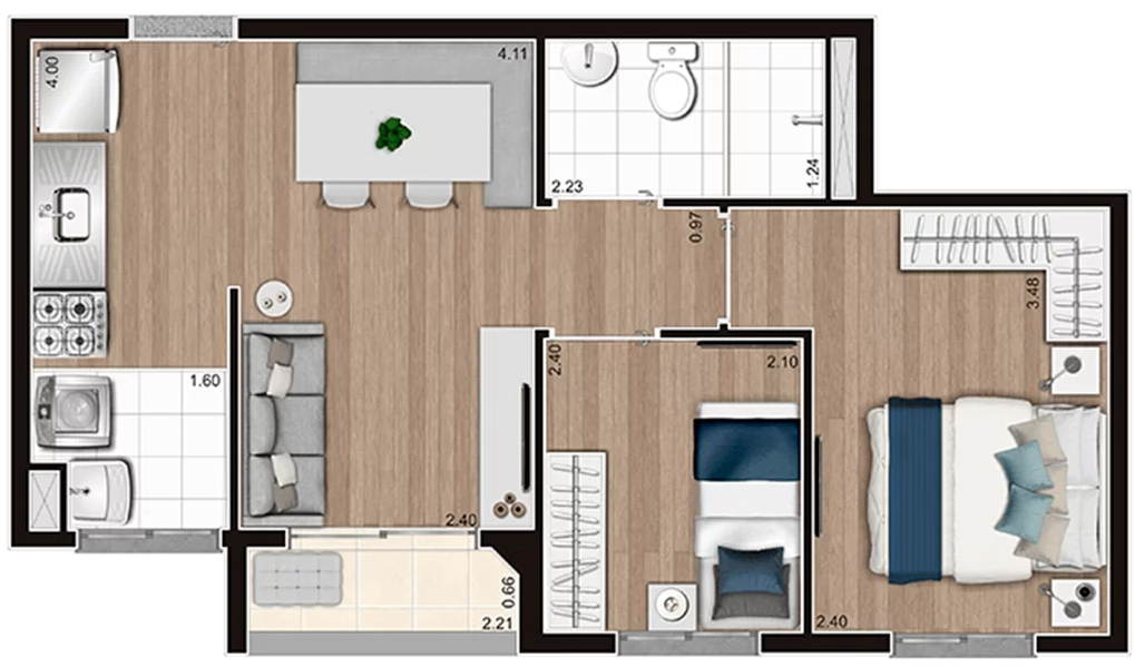 Planta ilustrada do apartamento de 43 metros quadrados com 2 dormitórios
