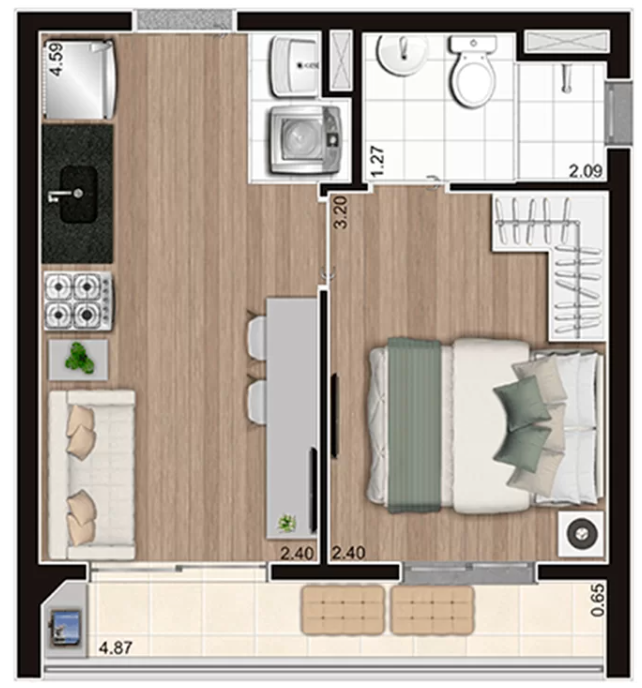 Planta ilustrada do apartamento de 30 metros quadrados com 1 dormitório e terraço