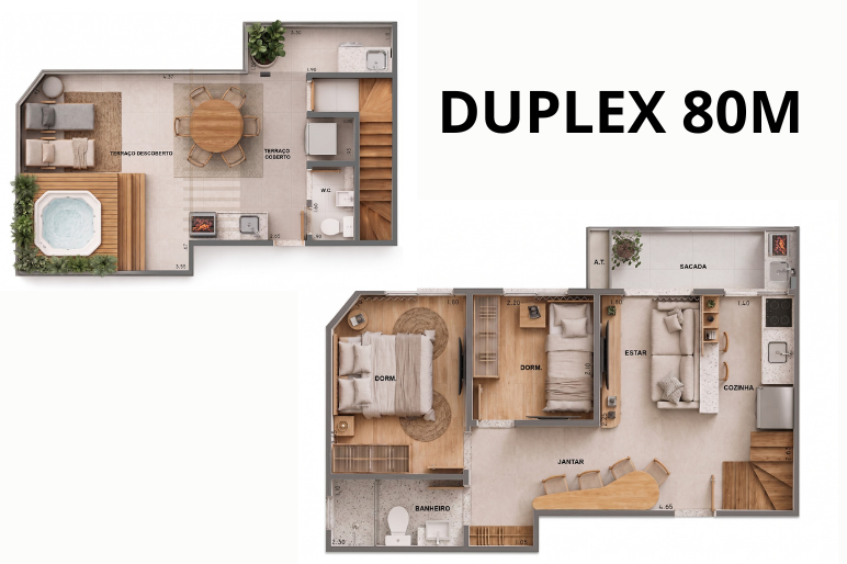 Planta ilustrada Cobertura duplex 80 m² do Smart Living Campestre