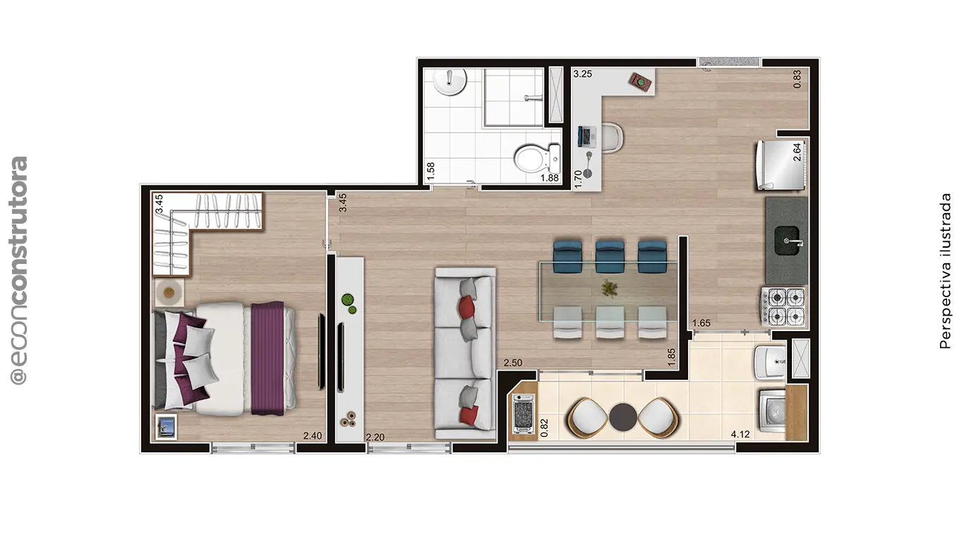 Planta humanizada tipo meio ampliada de 43 m² — Manacá – Alto do Jardim