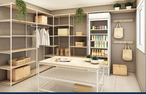 Pantry compartilhado com prateleiras e geladeira — Vision Campestre