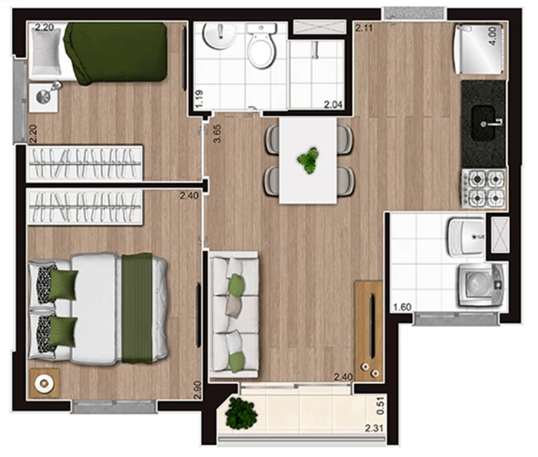 Planta ilustrada do apartamento de 36 metros quadrados com 2 dormitórios