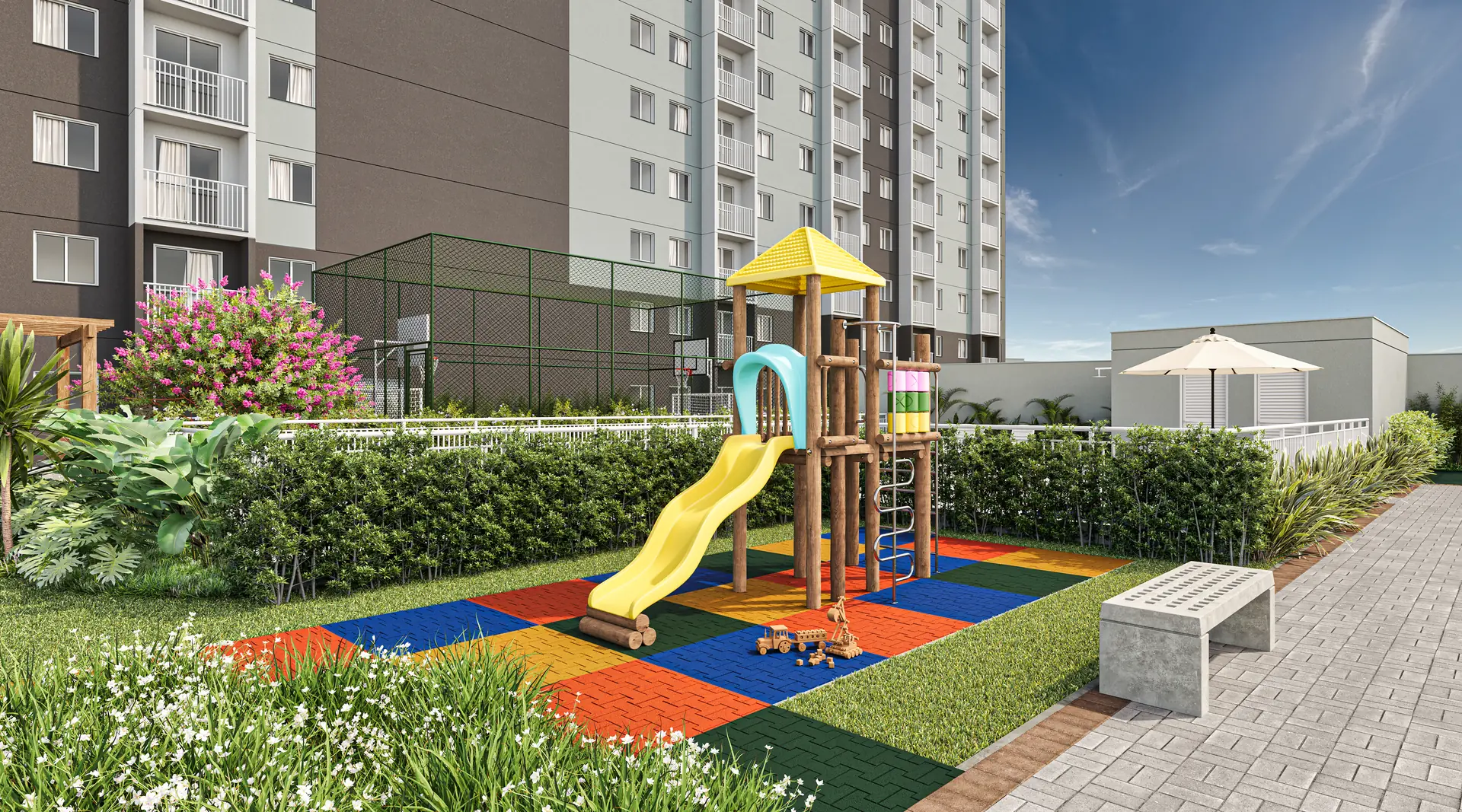 Perspectiva ilustrativa do playground de madeira com piso colorido — Beat Jardim Botânico
