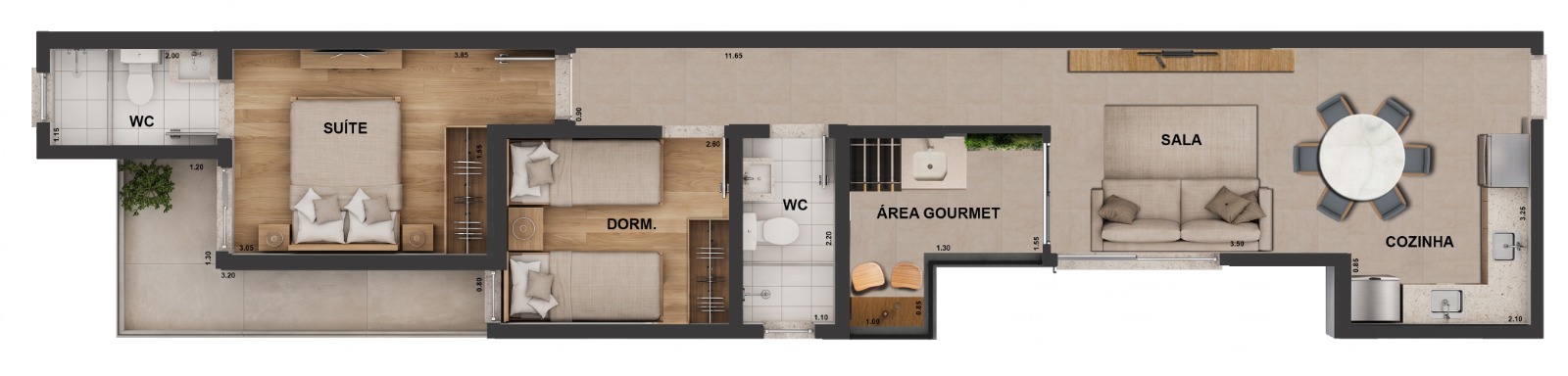 Planta ilustrada do apartamento tipo com 2 dormitórios sendo 1 suíte — UNIC Residence