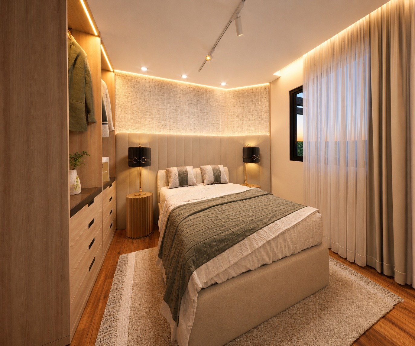 Perspectiva ilustrativa do dormitório com cama de casal