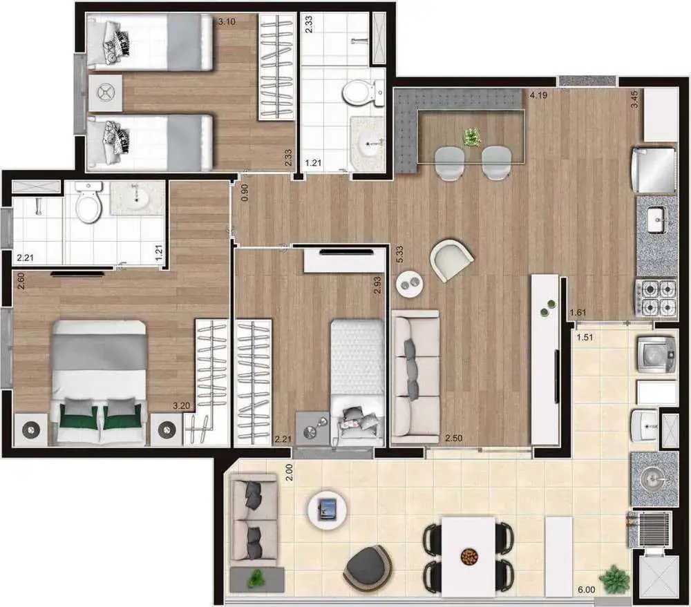 Planta ilustrada de apartamento com 3 dormitórios, suíte e terraço
