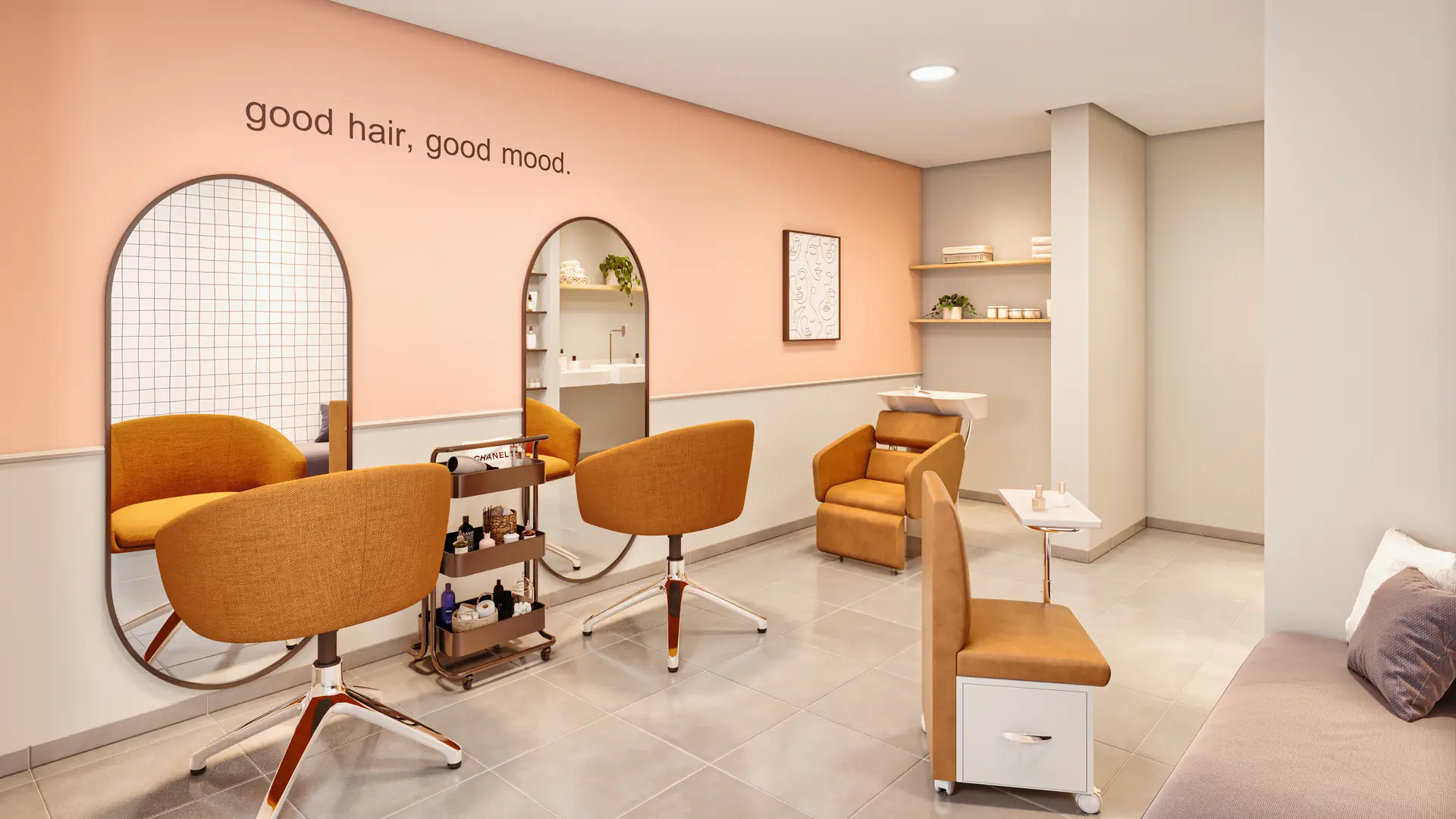 Perspectiva ilustrativa: beauty care com cadeiras e lavatório — Best Barra Funda