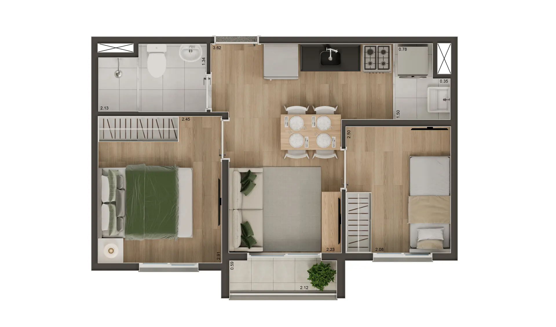 Planta humanizada espelhada tipo A de 33 e 34 m² com 2 dormitórios e terraço — Beat Jardim Botânico