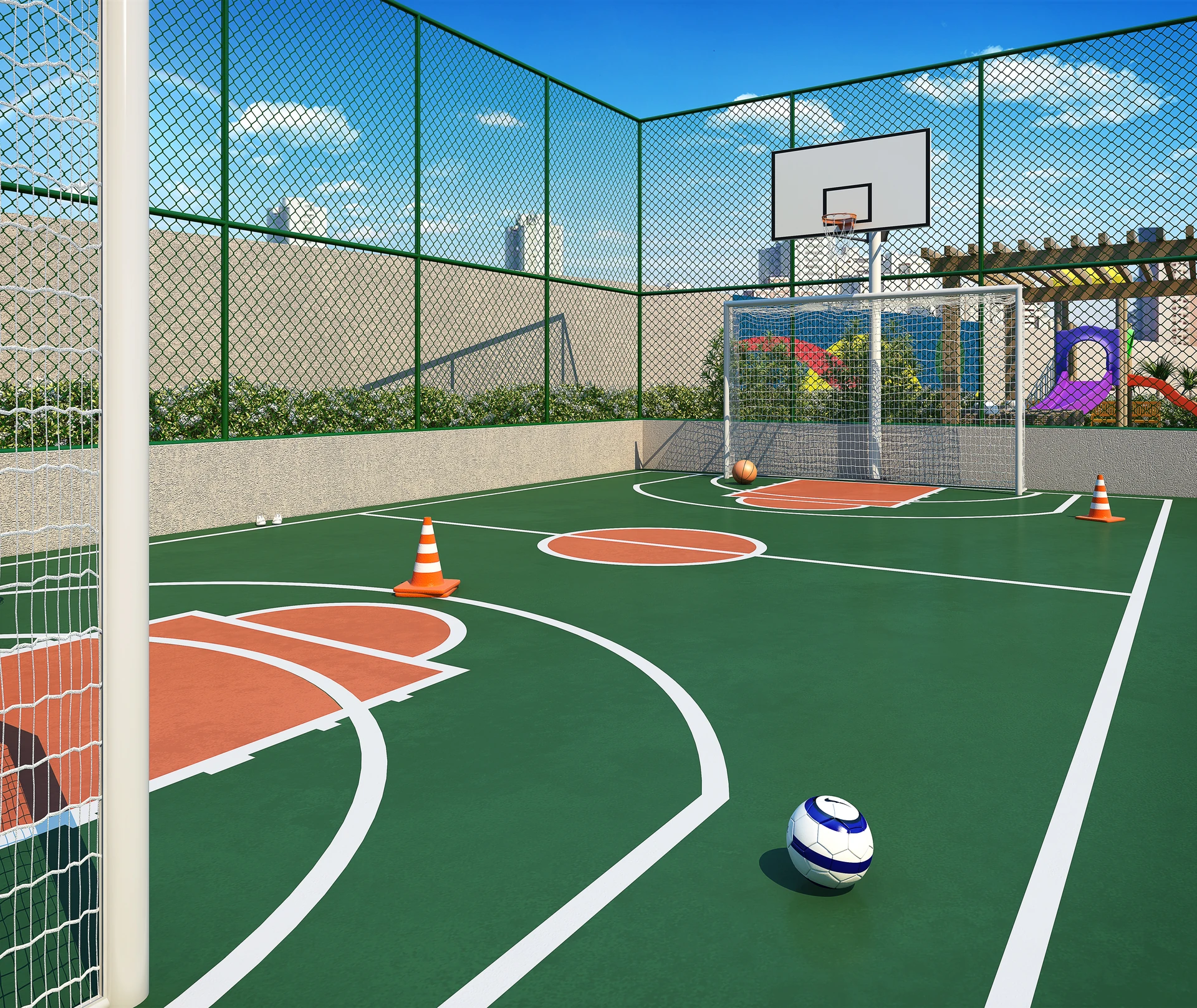 Perspectiva ilustrativa: quadra recreativa cercada com trave, tabela de basquete e playground ao fundo — Épic Jaguaré