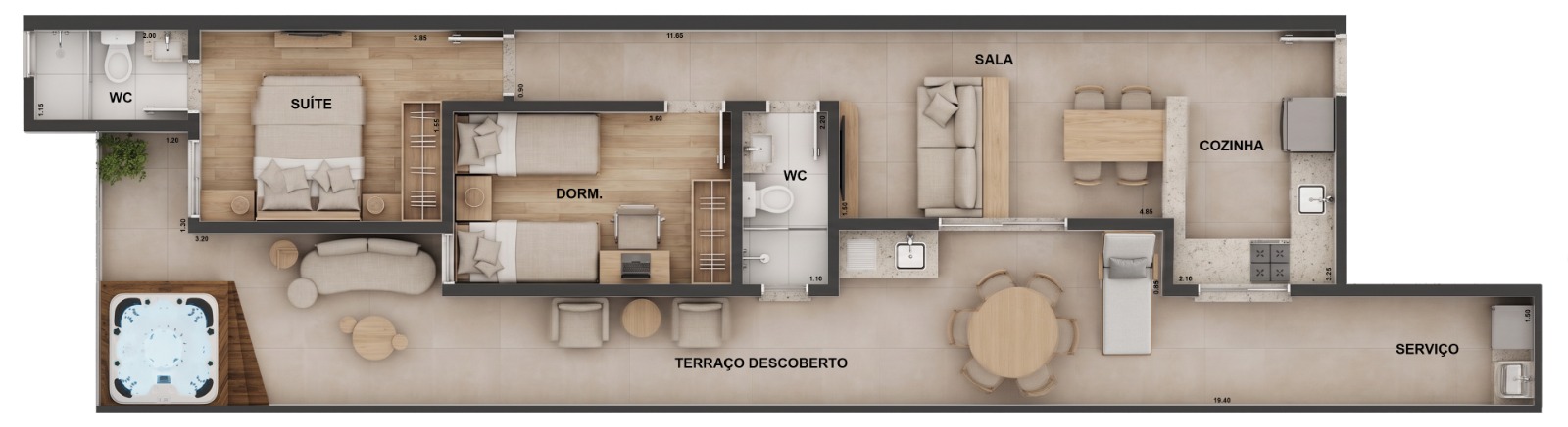 Planta ilustrada do apartamento garden com terraço e jacuzzi — UNIC Residence