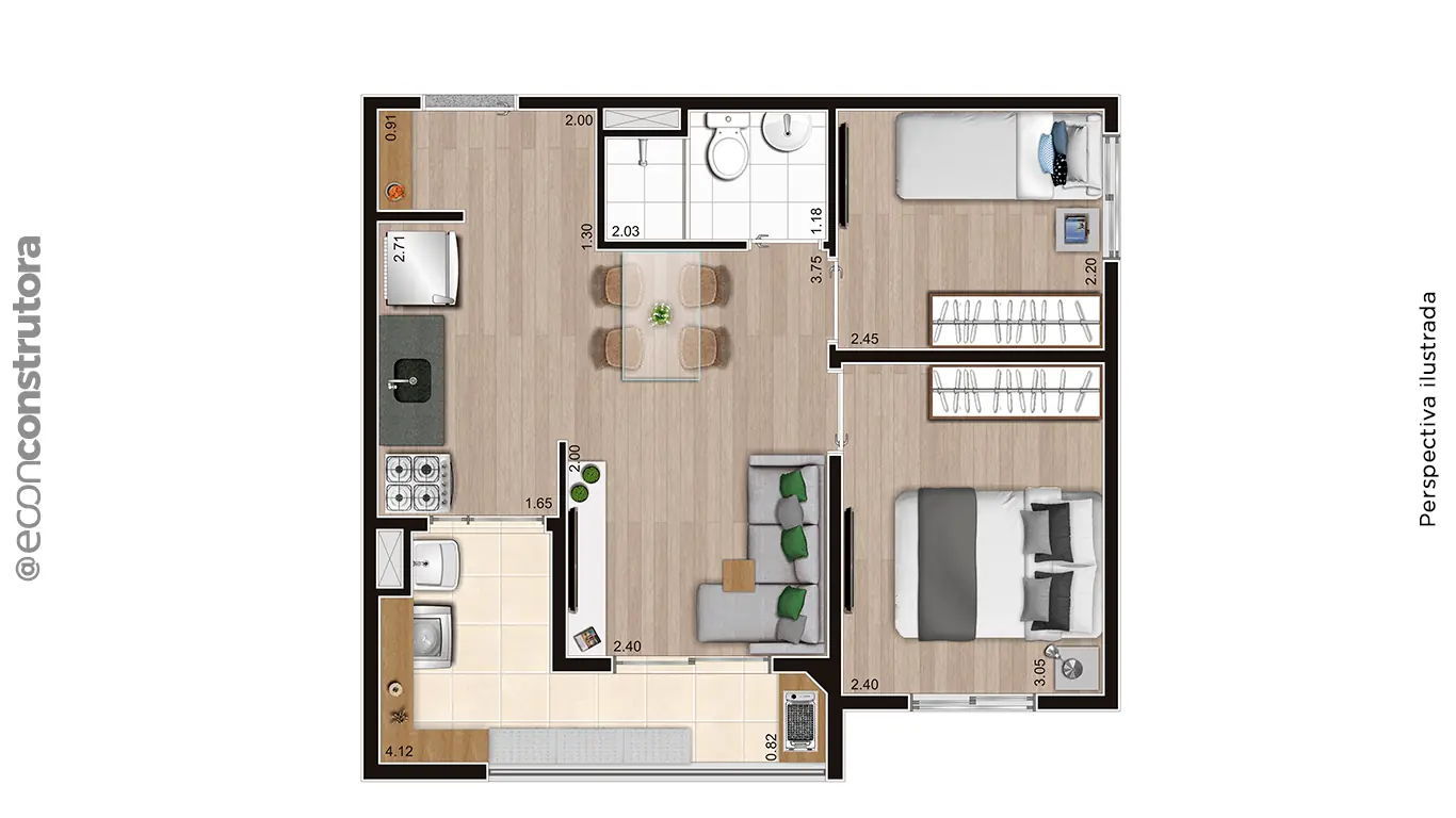 Planta humanizada tipo ponta de 41 m² — Manacá – Alto do Jardim