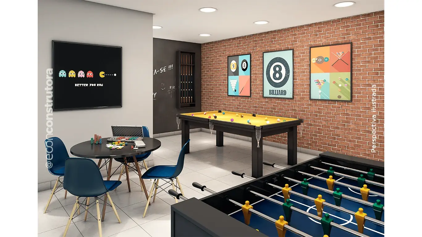 Perspectiva ilustrativa do salão de jogos com bilhar, pebolim e mesa de cartas — Manacá – Alto do Jardim