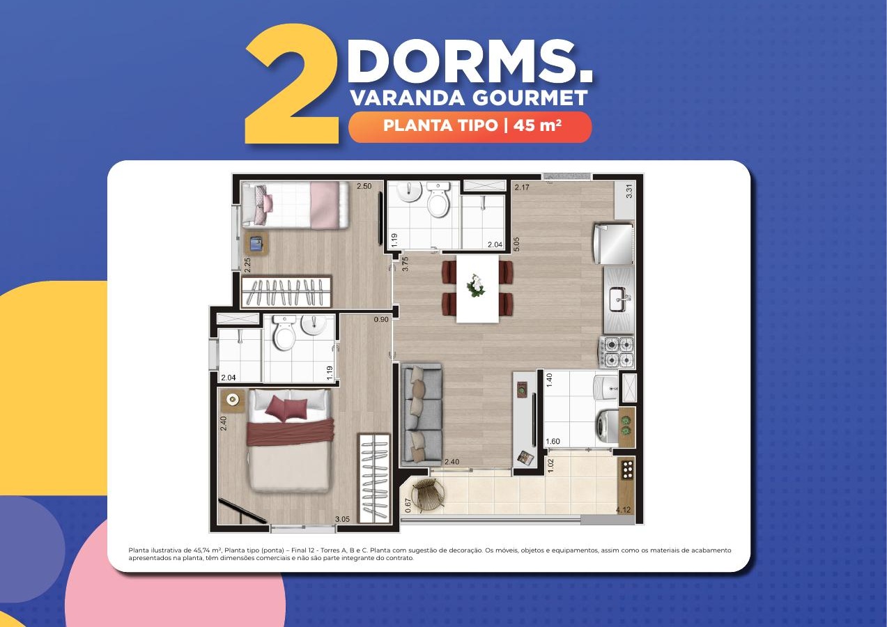 Planta tipo · 45 m² · 2 dormitórios com suíte — Topic Jaguaré, extraída do book oficial