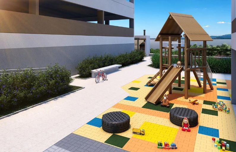 Playground de madeira com piso colorido — Vision Campestre
