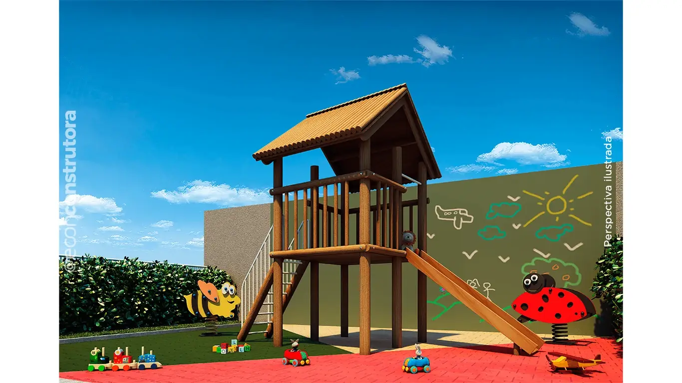 Perspectiva ilustrativa do playground com casinha de madeira e brinquedos de mola — Manacá – Alto do Jardim