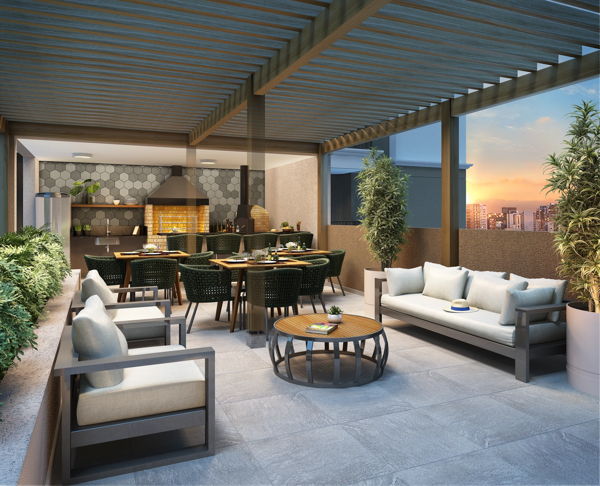Perspectiva ilustrativa: espaço gourmet externo com pergolado de madeira, churrasqueira e lounge — Épic Jaguaré