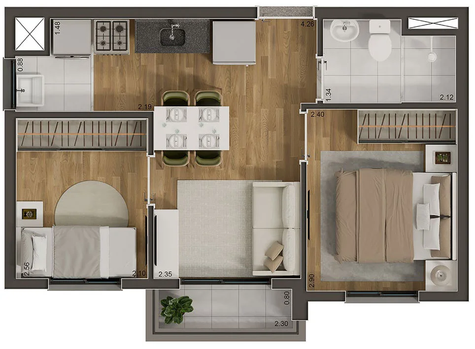 Planta ilustrada do apartamento de 35 metros quadrados com 2 dormitórios e terraço