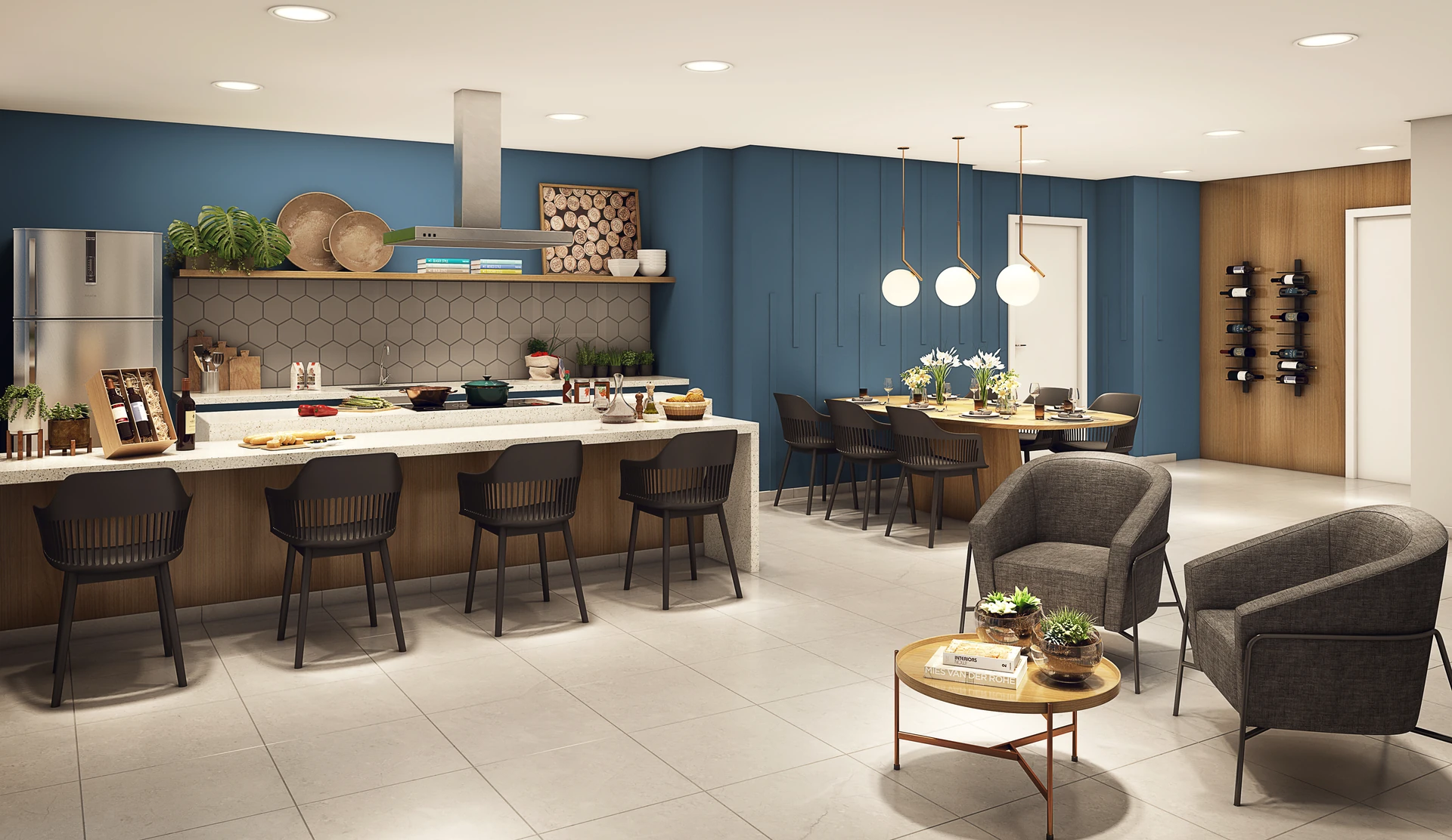 Perspectiva ilustrativa: espaço gourmet interno com cozinha integrada e mesa de jantar — Épic Jaguaré