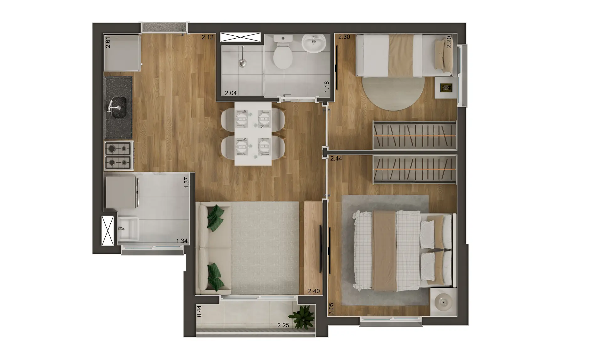 Perspectiva ilustrativa: planta humanizada de 37 m² com 2 dormitórios e terraço — Best Barra Funda