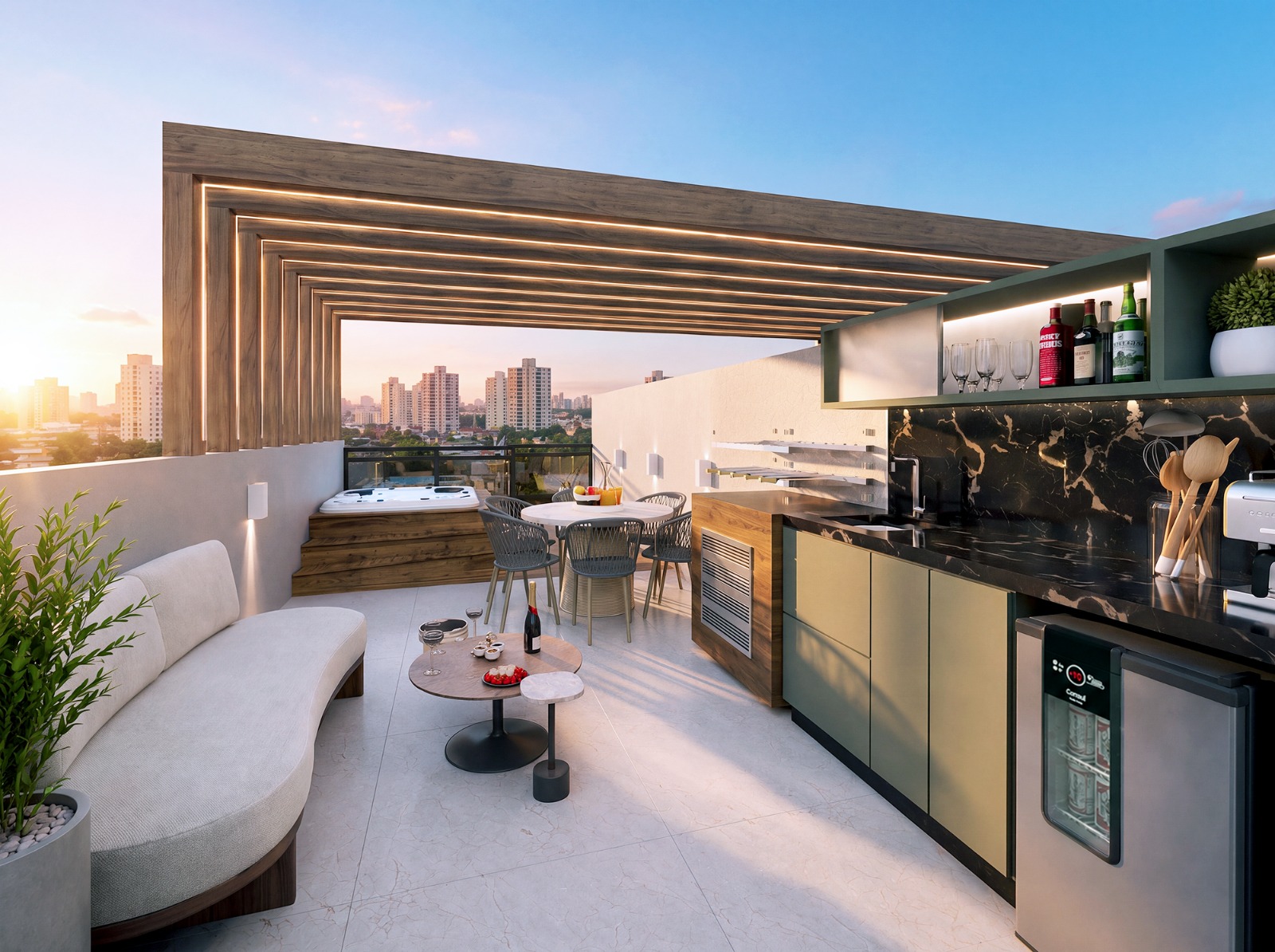 Perspectiva ilustrativa do terraço gourmet da cobertura com jacuzzi — UNIC Residence