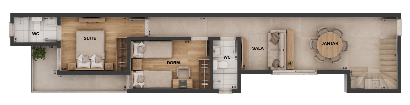 Planta ilustrada do pavimento inferior da cobertura — UNIC Residence