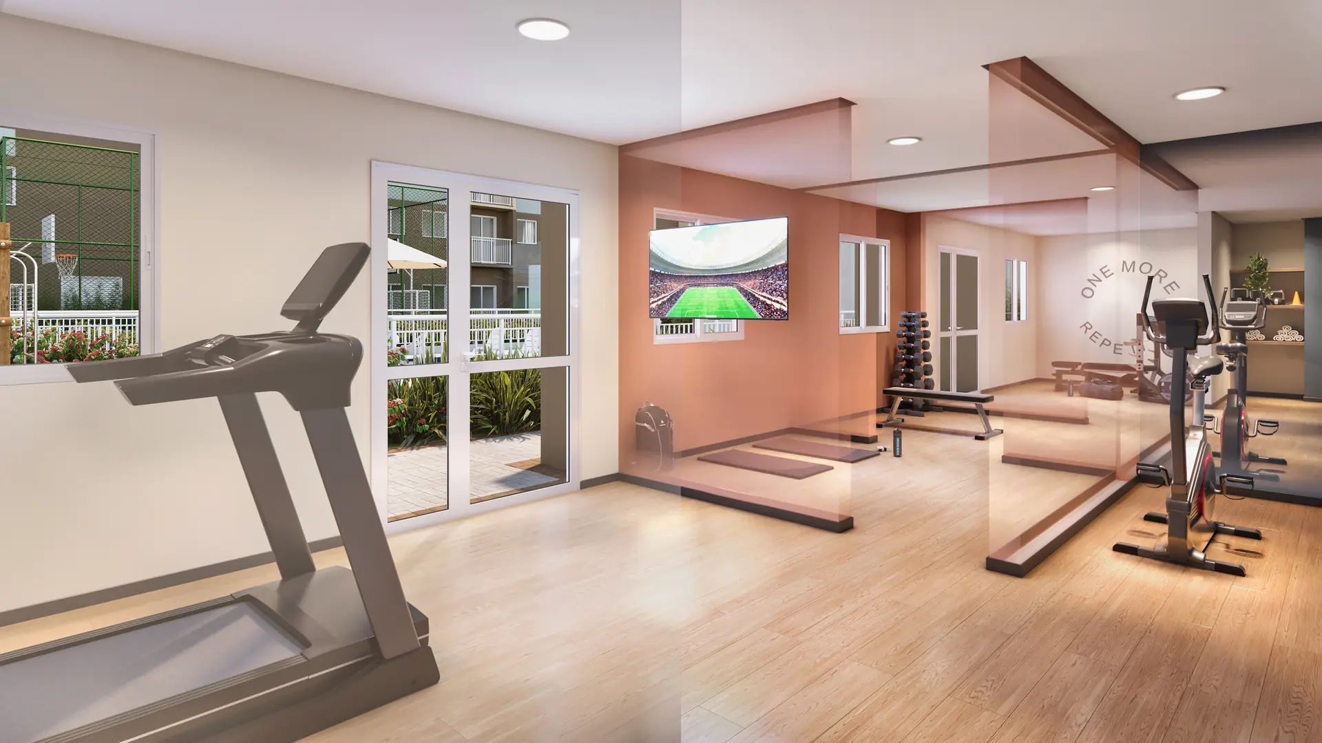 Perspectiva ilustrativa do fitness interno com esteiras e bicicletas — Beat Jardim Botânico