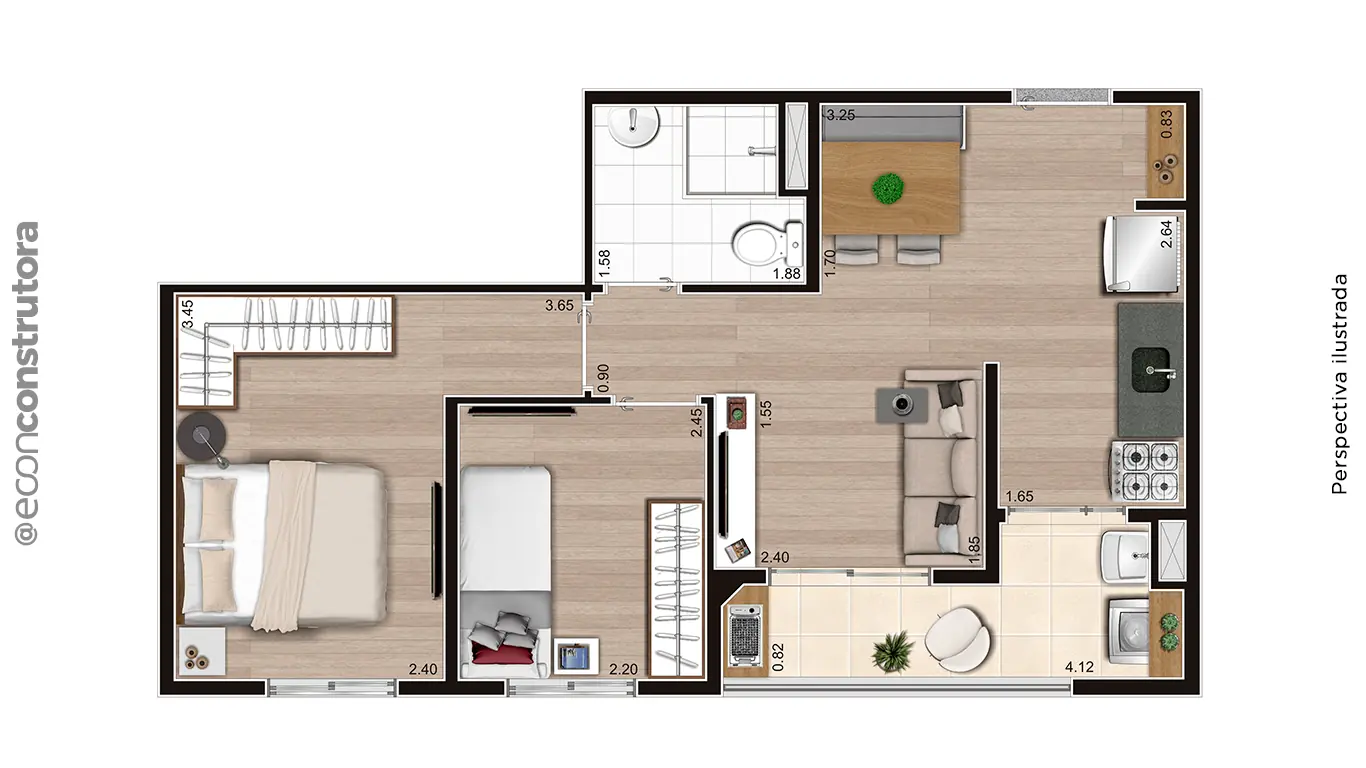 Planta humanizada tipo meio de 43 m² — Manacá – Alto do Jardim