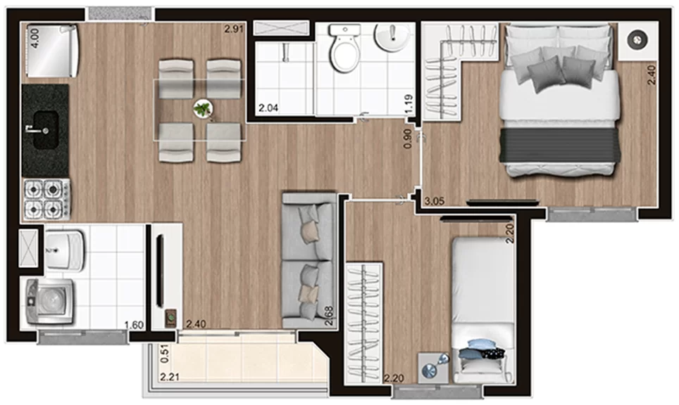 Planta ilustrada do apartamento de 37 metros quadrados com 2 dormitórios