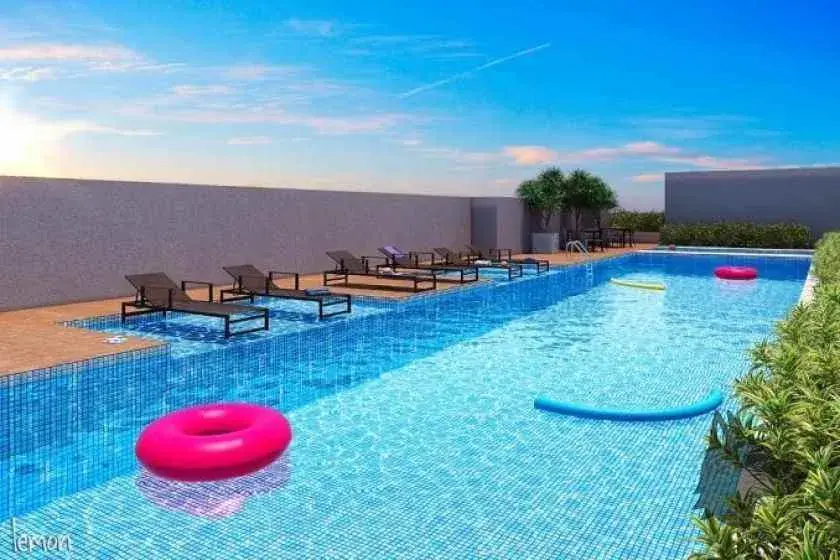 Perspectiva ilustrativa da piscina com espreguiçadeiras