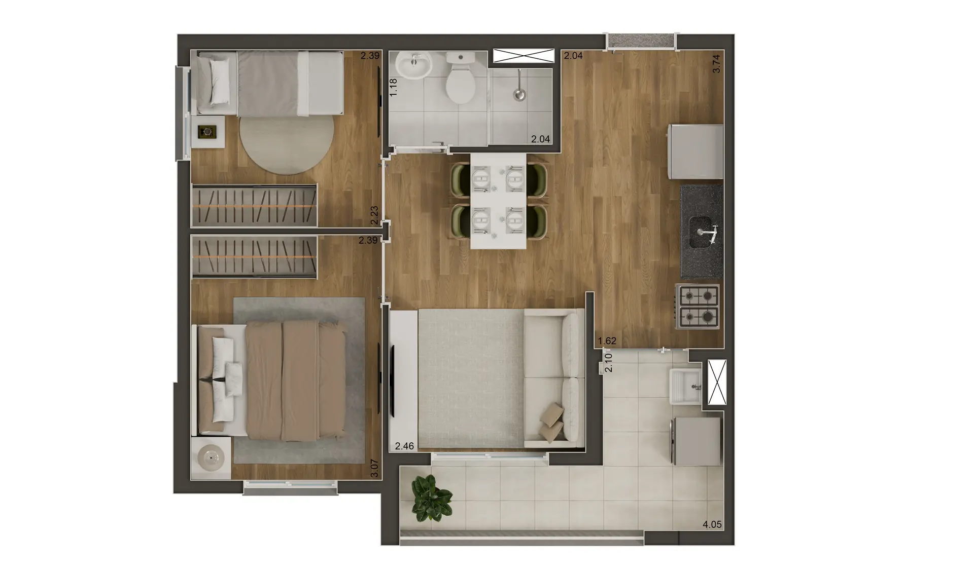 Perspectiva ilustrativa: planta humanizada de 37,30 m² com 2 dormitórios e terraço — Best Barra Funda