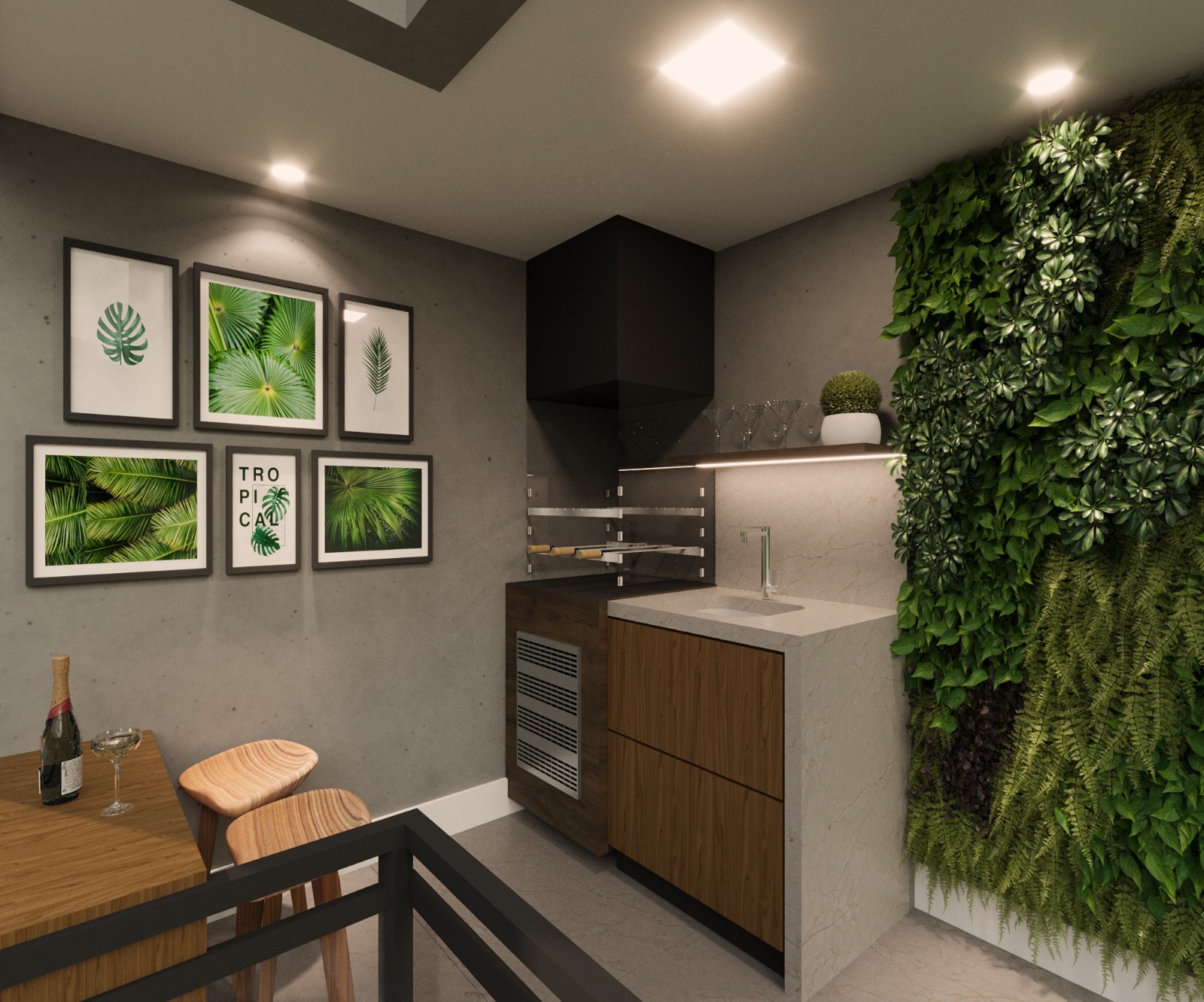 Perspectiva ilustrativa da área gourmet com jardim vertical — UNIC Residence