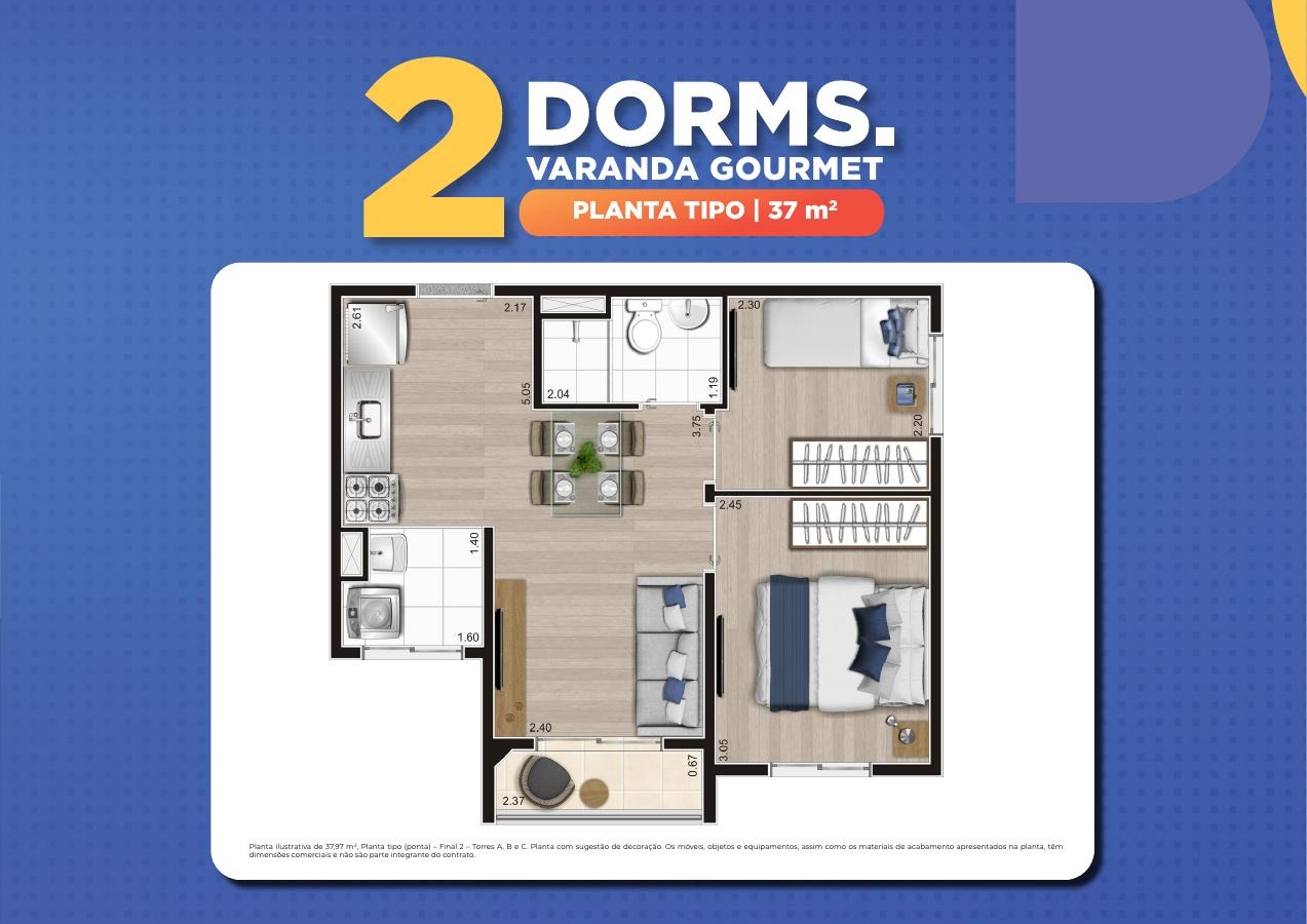 Planta tipo · 37 m² · 2 dormitórios — Topic Jaguaré, extraída do book oficial