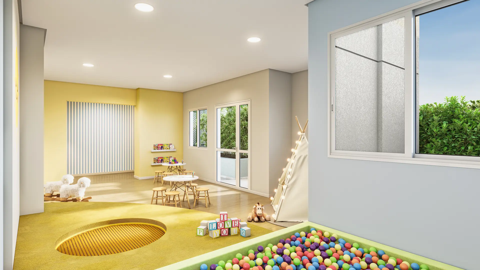 Perspectiva ilustrativa: brinquedoteca com piscina de bolinhas e cabana — Best Barra Funda