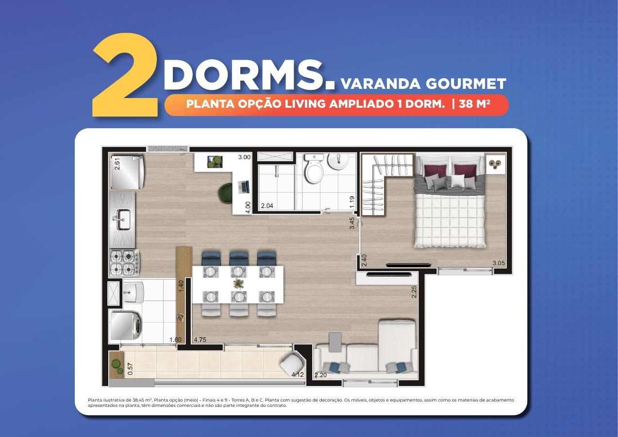 Planta opção · 38 m² · living ampliado e 1 dormitório — Topic Jaguaré, extraída do book oficial