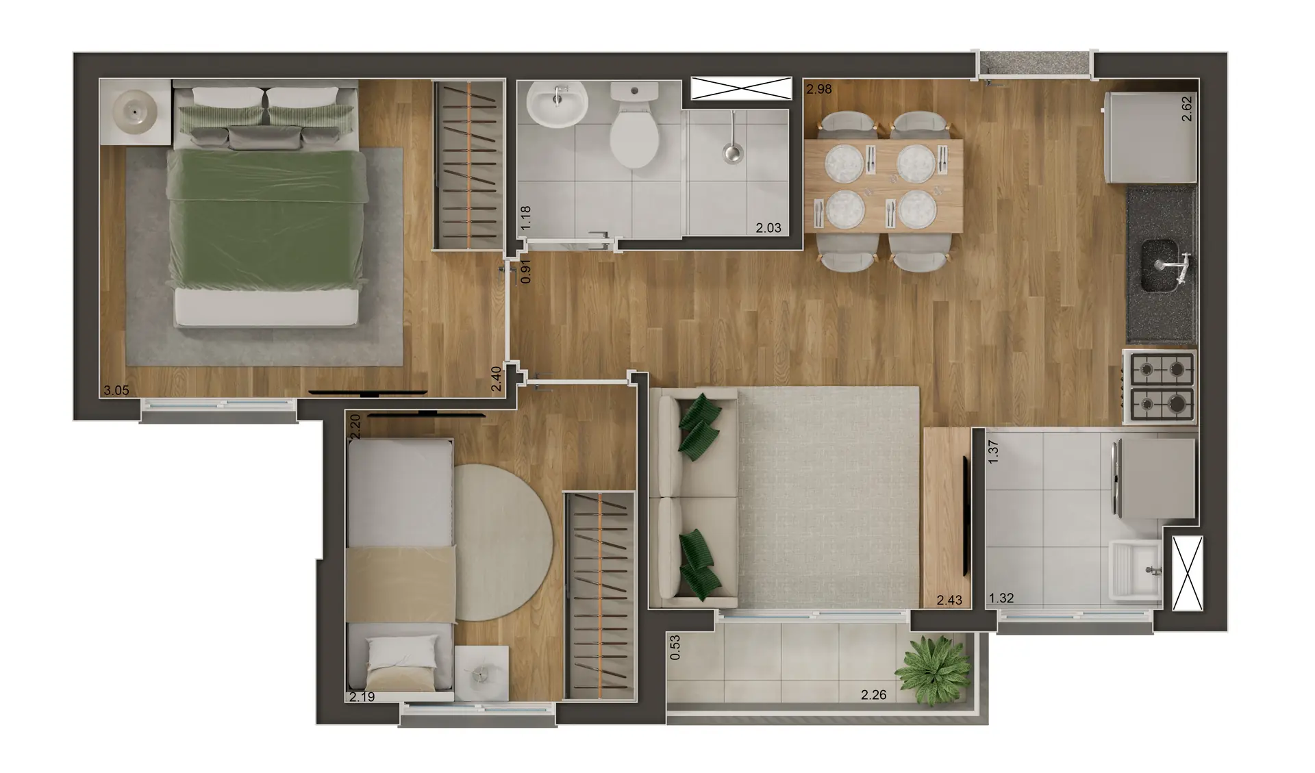 Perspectiva ilustrativa: planta humanizada de 42 m² com 2 dormitórios e terraço — Best Barra Funda