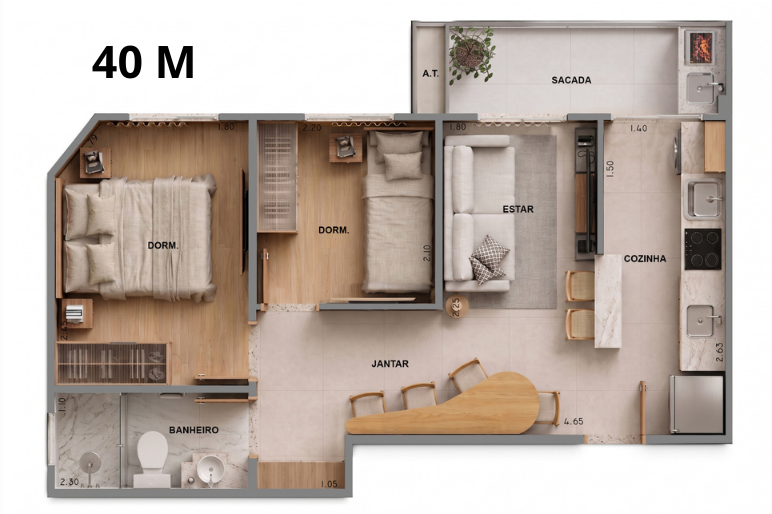 Planta ilustrada 40 m² · opção 2 do Smart Living Campestre